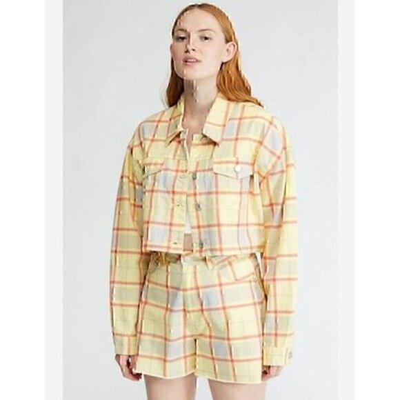WE WORE WHAT PLAID CROPPED DENIM JACKET AND HIGH RISE SHORTS, 100% COTTON,MEDIUM - Picture 1 of 12